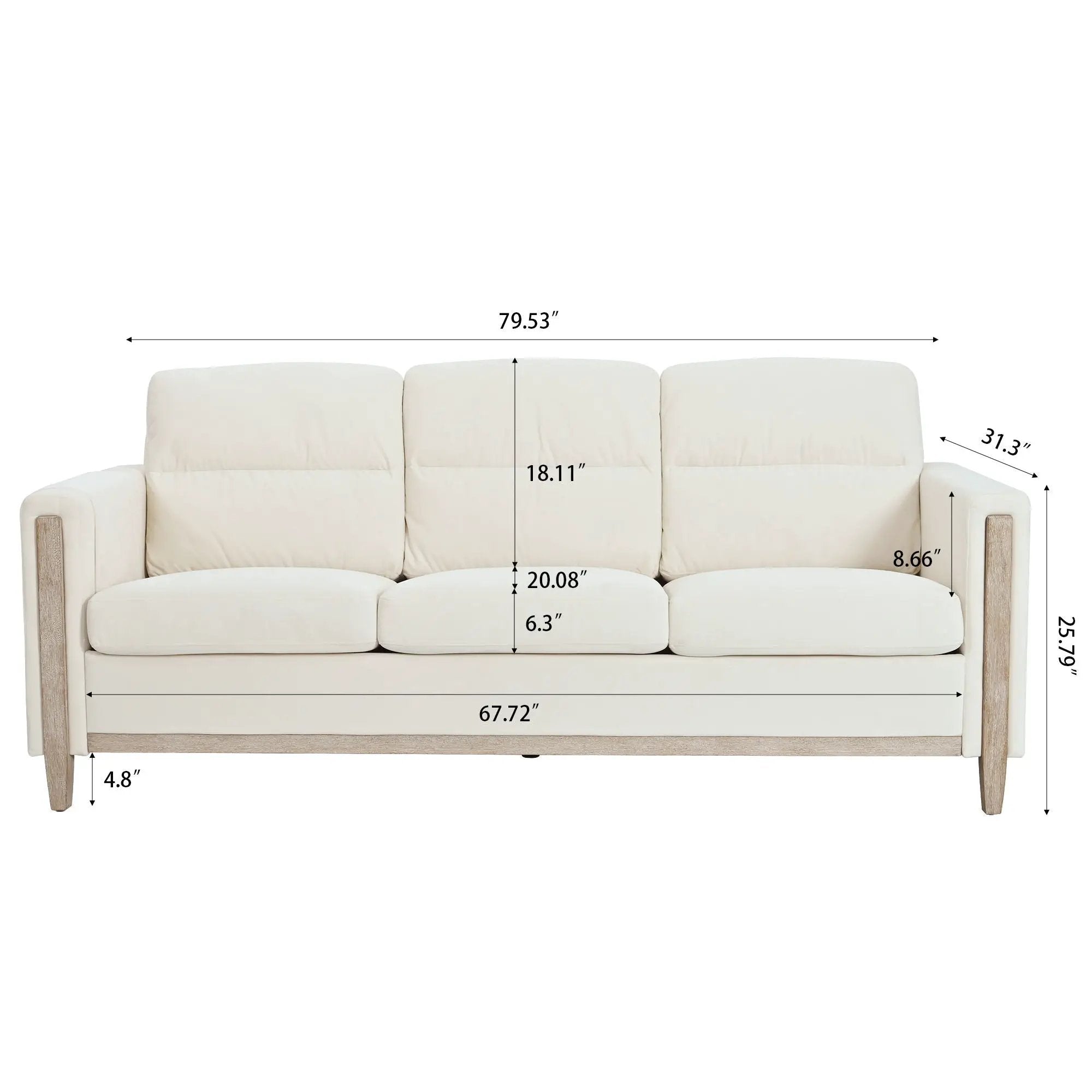 Comfortable Solid Wood Three-Seater Sofa, Soft Cushions, Durable And Long-Lasting, 79.5" Sofa Couch For Living Room by Unique Piece Furniture