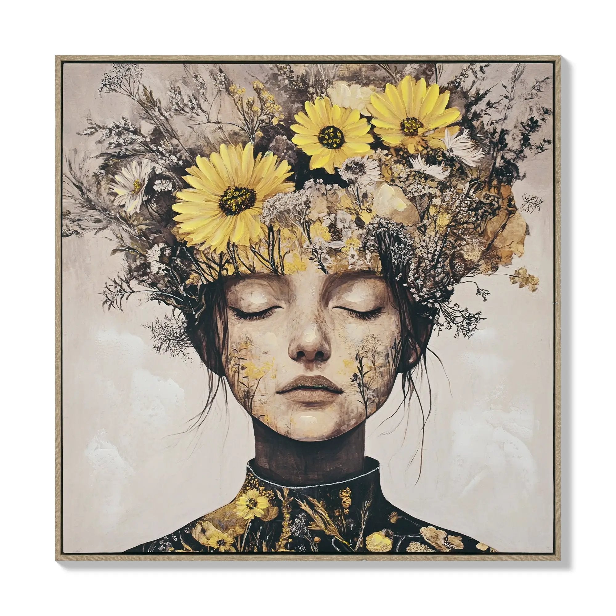 Beauty Lady Wall Art Gold and White Floral Canvas Artwork 24x24 Inch by HouseOfZazla