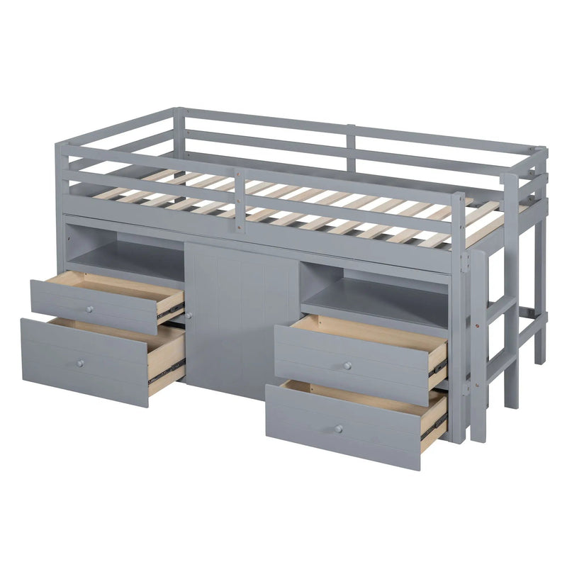 Loft Bed With 4 Drawers, Underneath Cabinet And Shelves