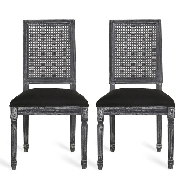French Country Dining Chair With Rectangular Cane Backrest And Smooth Upholstered Seating