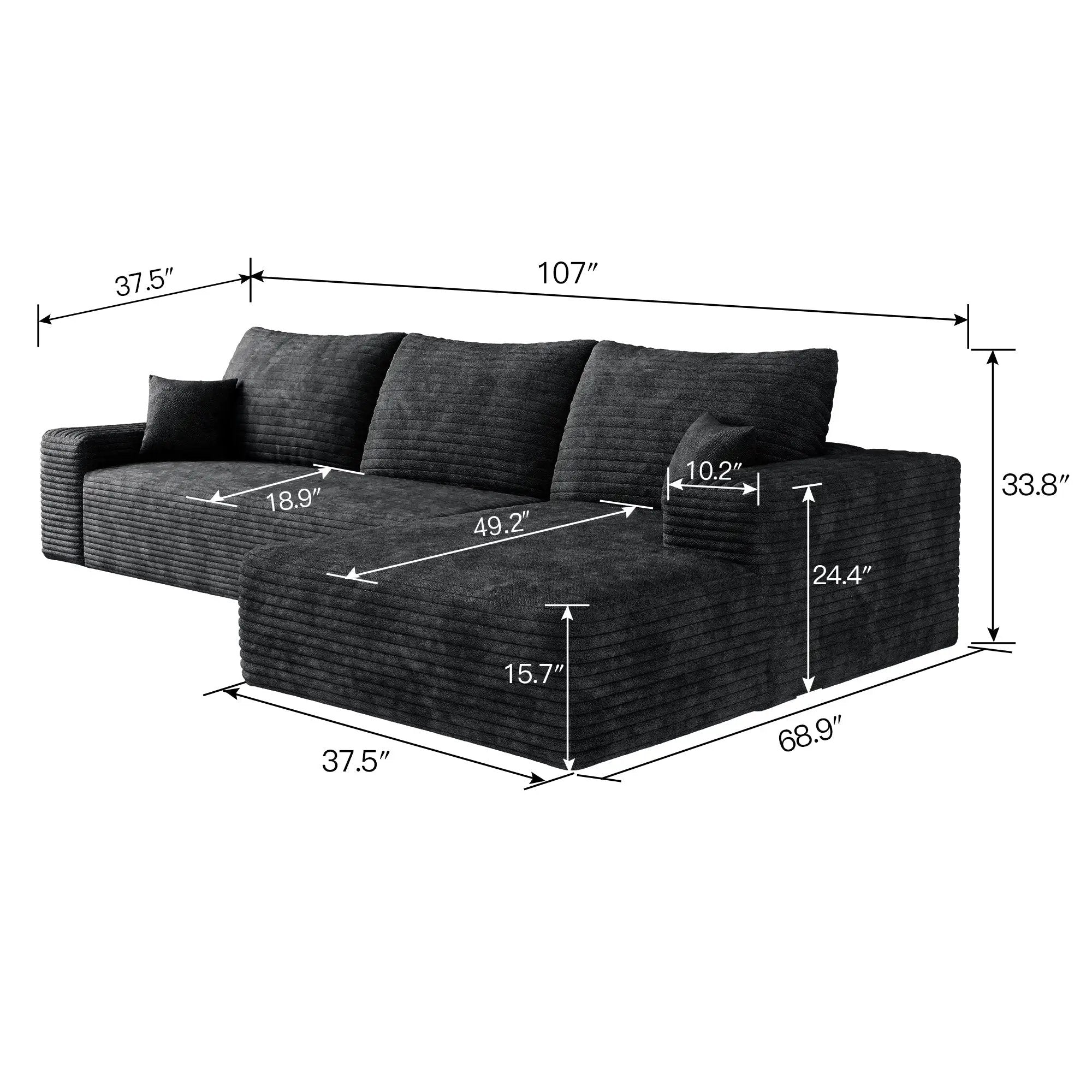 107" Cloud Sectional Couch with L-Shape Chaise, Black Plush Corduroy by HouseOfZazla