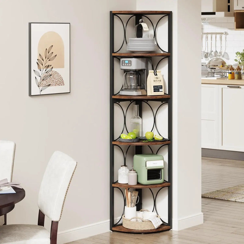 Tall 6 Tier Corner Bookshelf Storage Rack For Living Room - Rustic Brown by HouseOfZazla