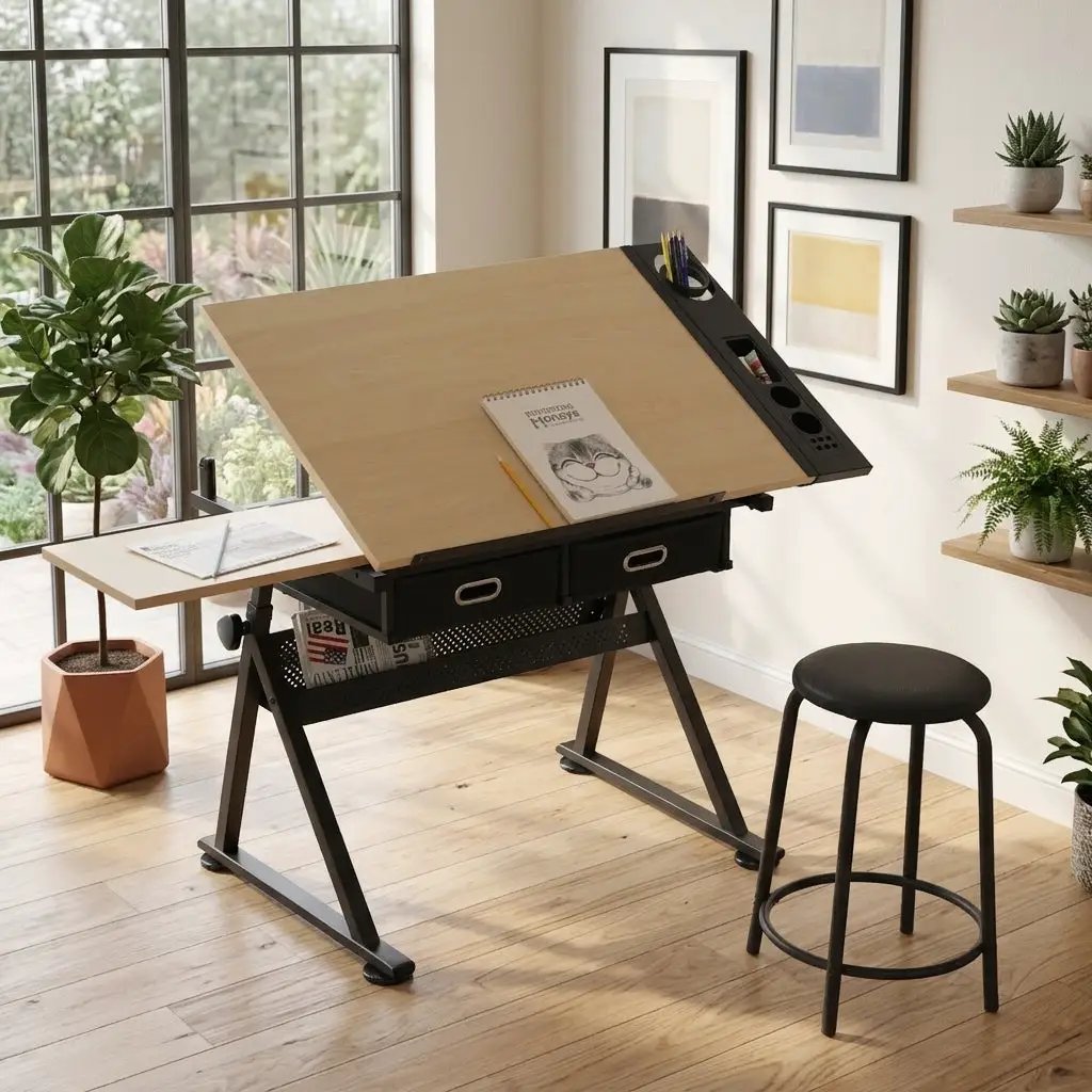 Adjustable Drawing Drafting Table Desk With 2 Drawers - Maple by HouseOfZazla