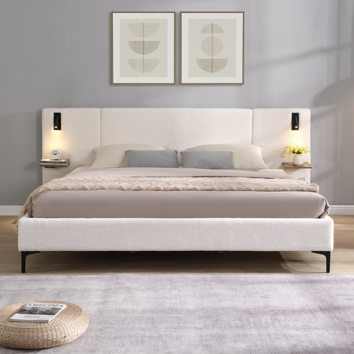 Chic Boucle Upholstered Bed with Integrated Lights and Shelves, photo 7 of 10