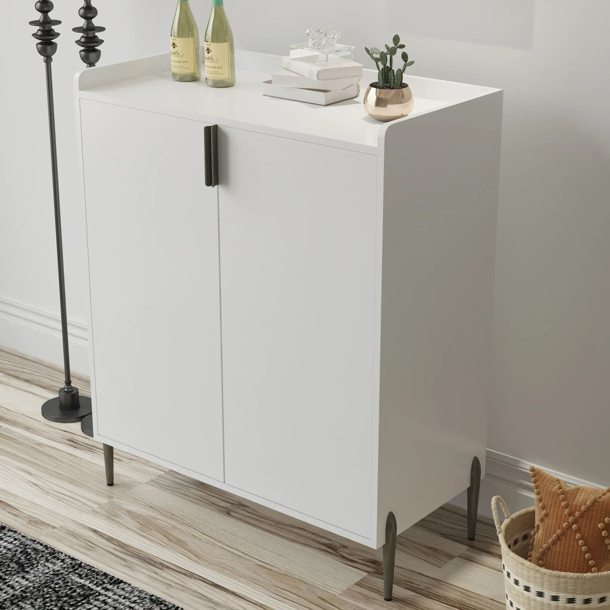 2 Door Wine Bar Cabinet With Adjustable Shelf, Soft-Closing Hinges, And High Feet - White by HouseOfZazla