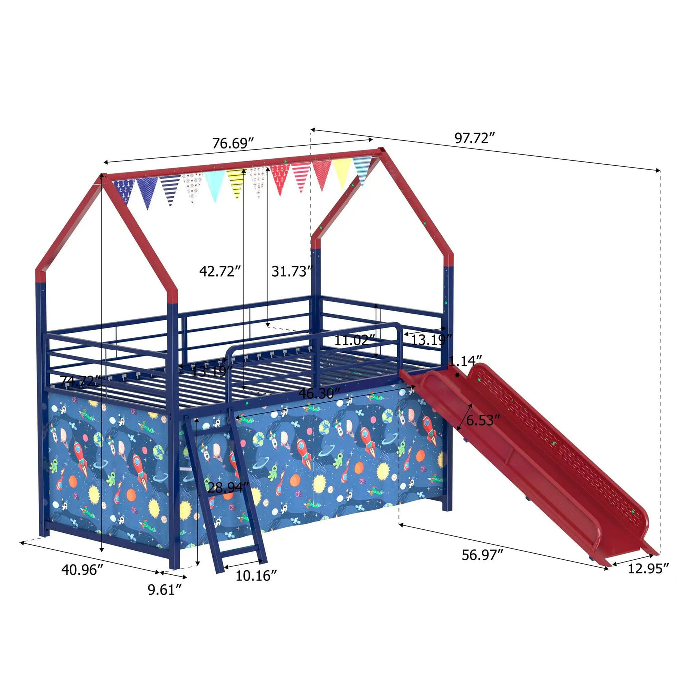 Jack - House Loft Bed With Slide And Curtain Set by HouseOfZazla