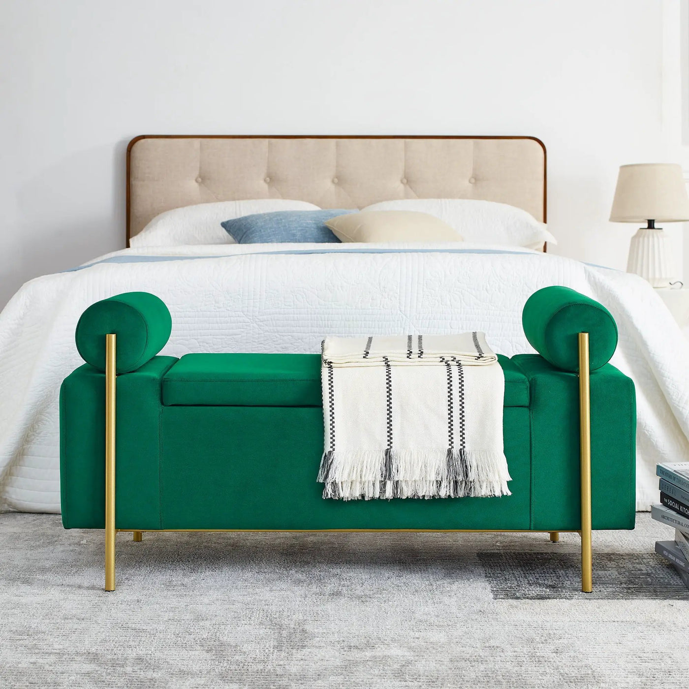 Elegant Upholstered Storage Bench With Cylindrical Arms And Iron Legs, by HouseOfZazla
