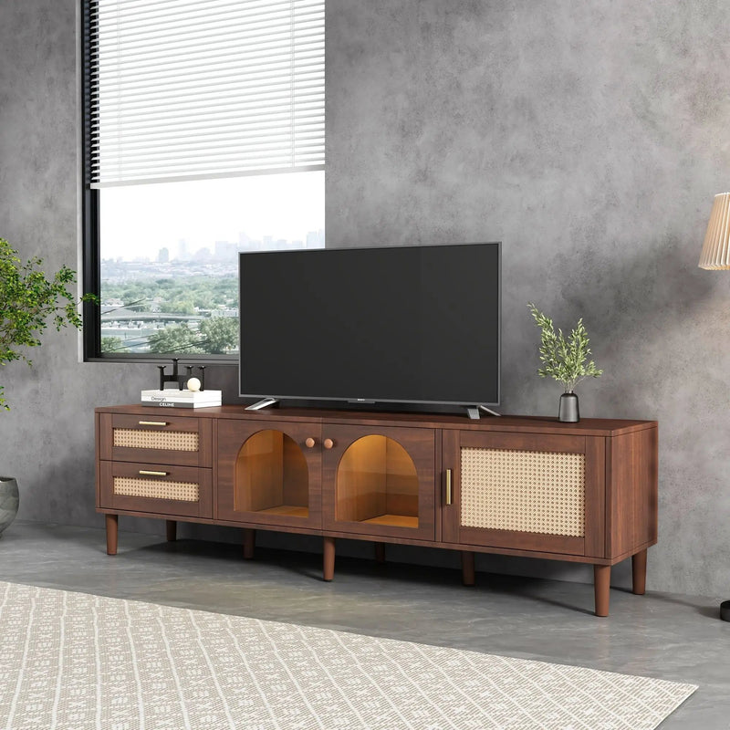 TV Stand With 3 Cabinets & 2 Drawers, LED Light Media Console For TVs Up To 80" - Dark Brown by HouseOfZazla