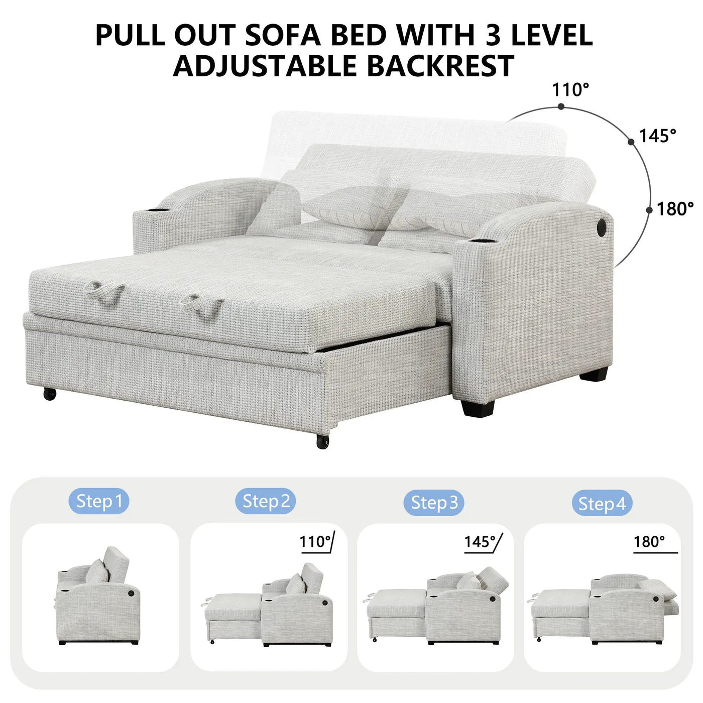 Pull Out Loveseat Sofa With Adjsutable Backrest, 2 Pillows, Cup Holders, USB Ports For Living Room by HouseOfZazla