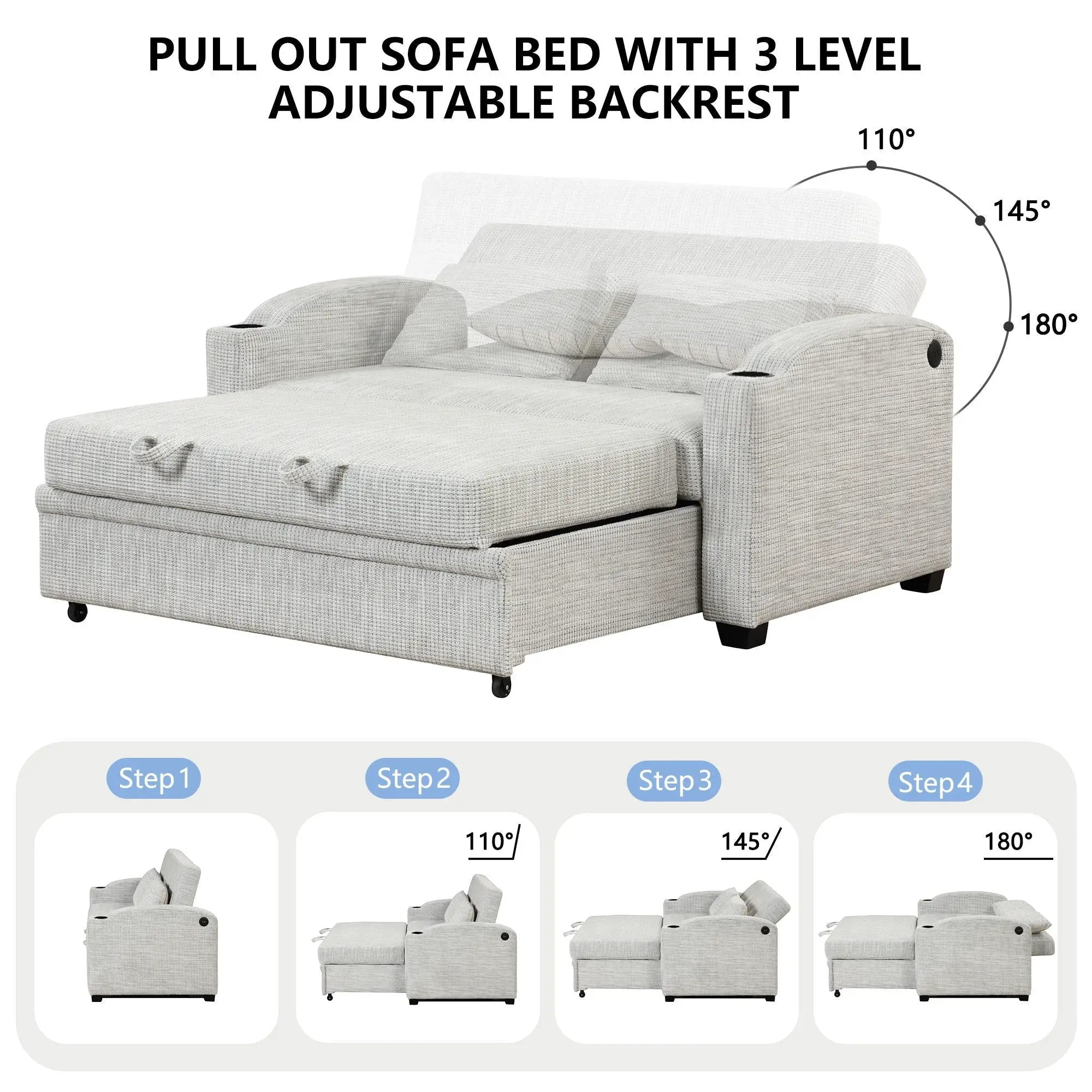 Pull Out Loveseat Sofa With Adjsutable Backrest, 2 Pillows, Cup Holders, USB Ports For Living Room by HouseOfZazla
