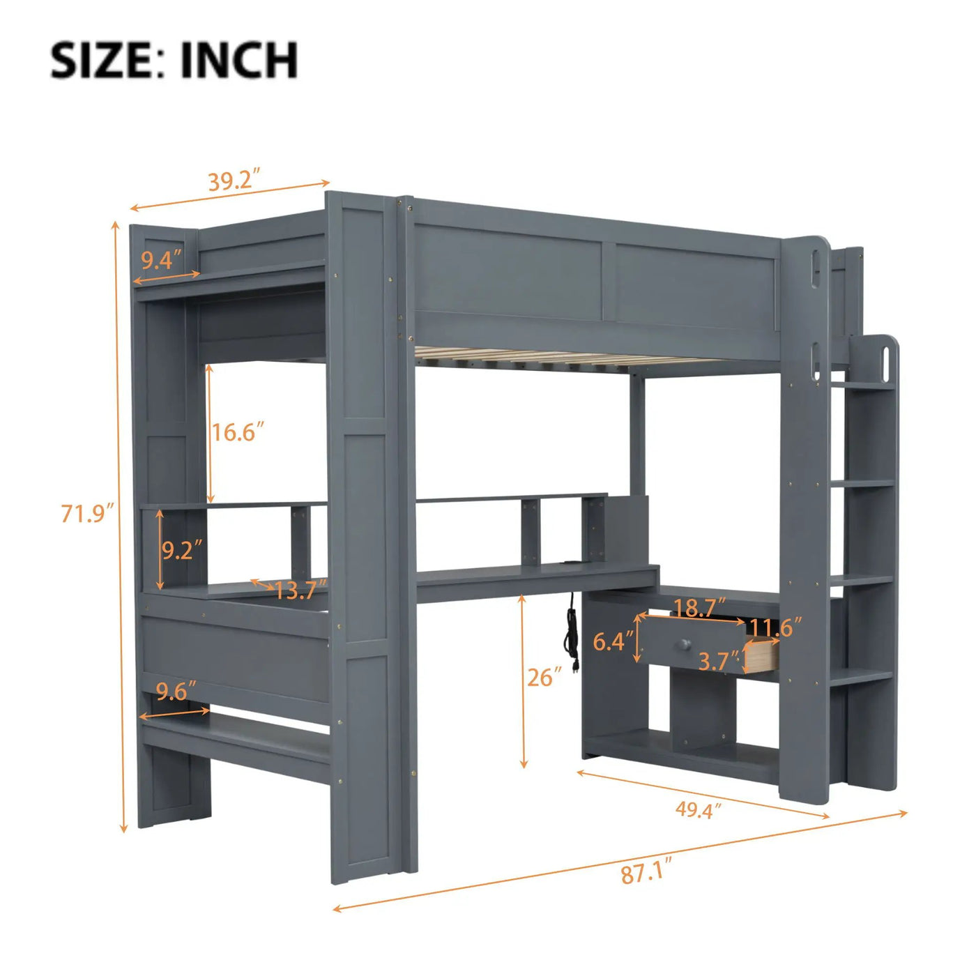 Gaming Loft Bed With Desk, Multi Storage Shelves, LED And Charging Station by HouseOfZazla