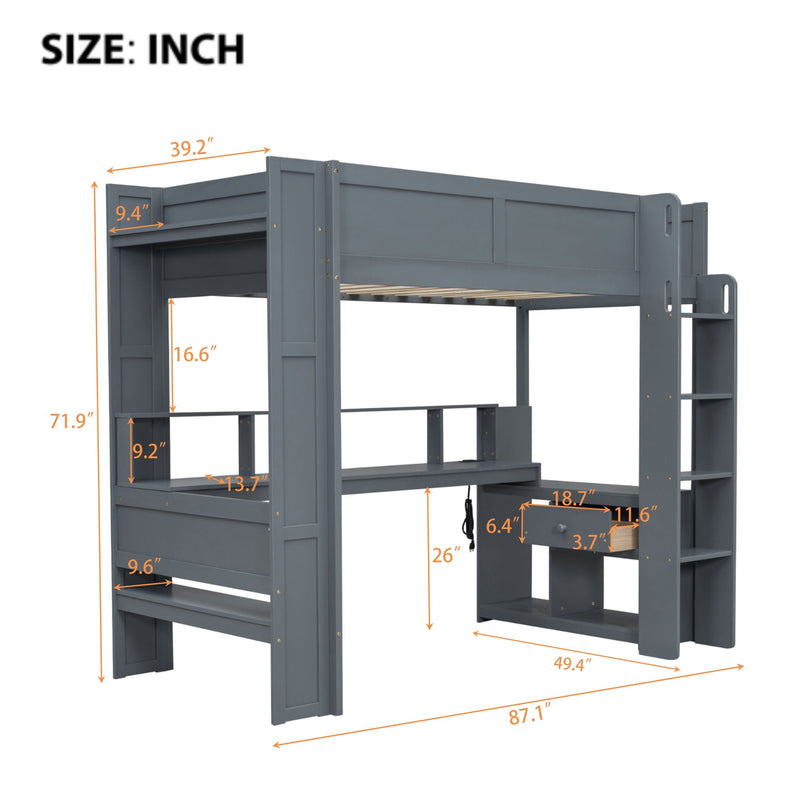 Gaming Loft Bed With Desk, Multi Storage Shelves, LED And Charging Station by HouseOfZazla