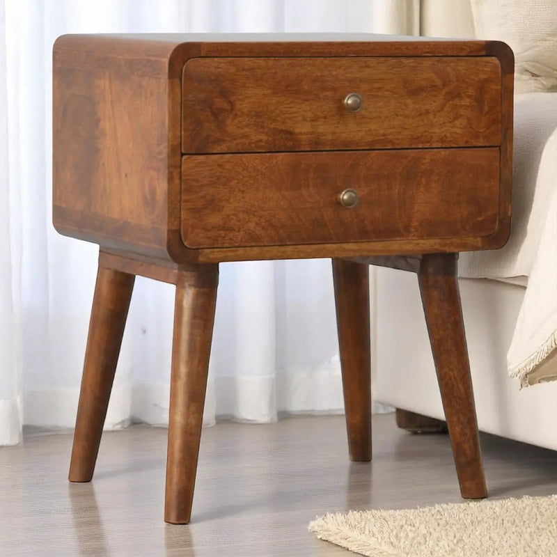 Solid Wood Curved Nightstand, 2-Drawers, Chestnut by HouseOfZazla