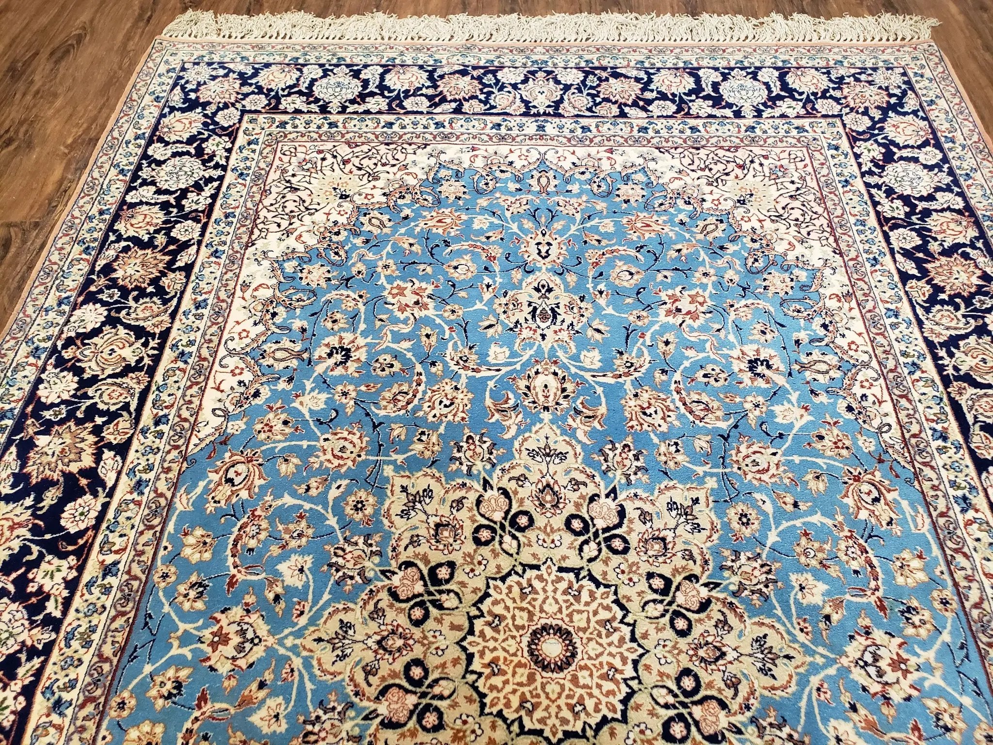 Persian Isfahan Rug, Kork Wool on Silk Foundation, Sky Blue, Hand-Knotted, 5' 1" x 7' 8" by Jewel Rugs