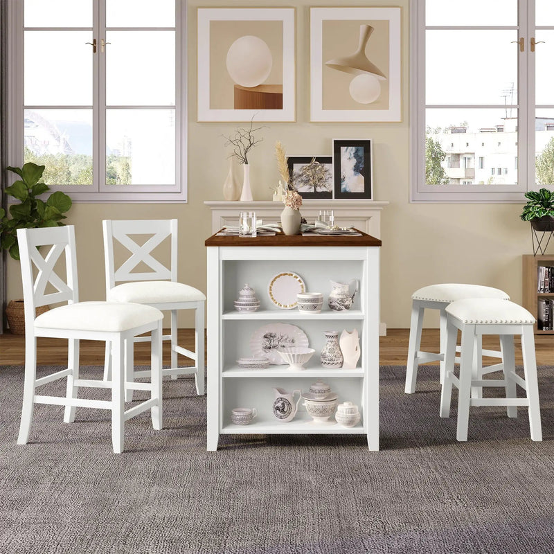 5 Pieces Counter Height Rustic Farmhouse Dining Room Wooden Bar Table Set With 2 Stools And 2 Chairs by Unique Piece Furniture