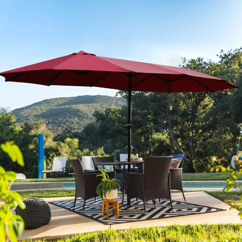Double- Sided Outdoor Market Umbrella With Lights And Base by Unique Piece Furniture