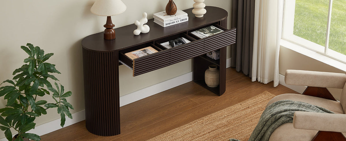Retro Console Table with Storage and 3 Drawers - Espresso or Natural, photo 4 of 10