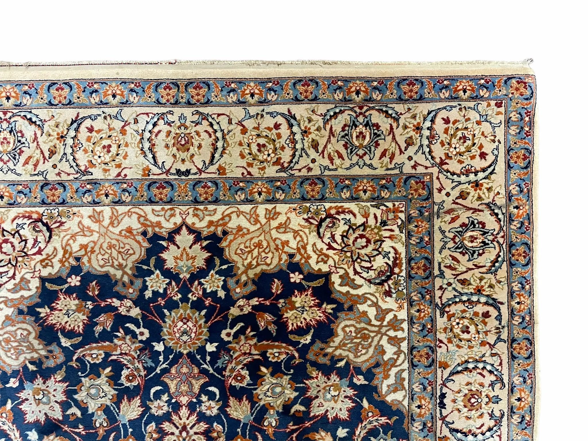 Persian Isfahan Rug 4x5, Navy Blue & Ivory, Wool and Silk Highlights by Jewel Rugs