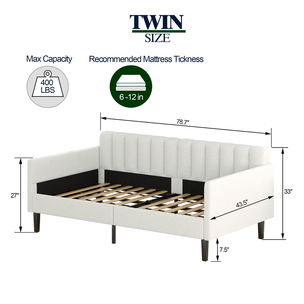 Boucle Upholstered Daybed with Ribbed Tufted Backrest - Twin, photo 9 of 26