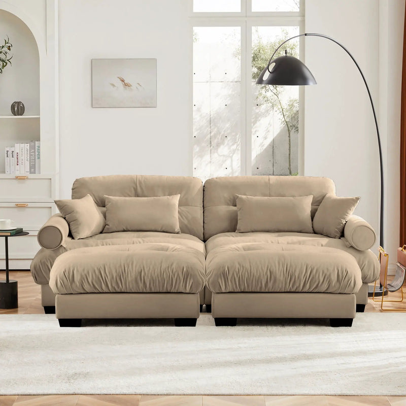 Modern Sectional Sofa With Ottoman, Round Bolster Armrests, Waist And Throw Pillows by Unique Piece Furniture