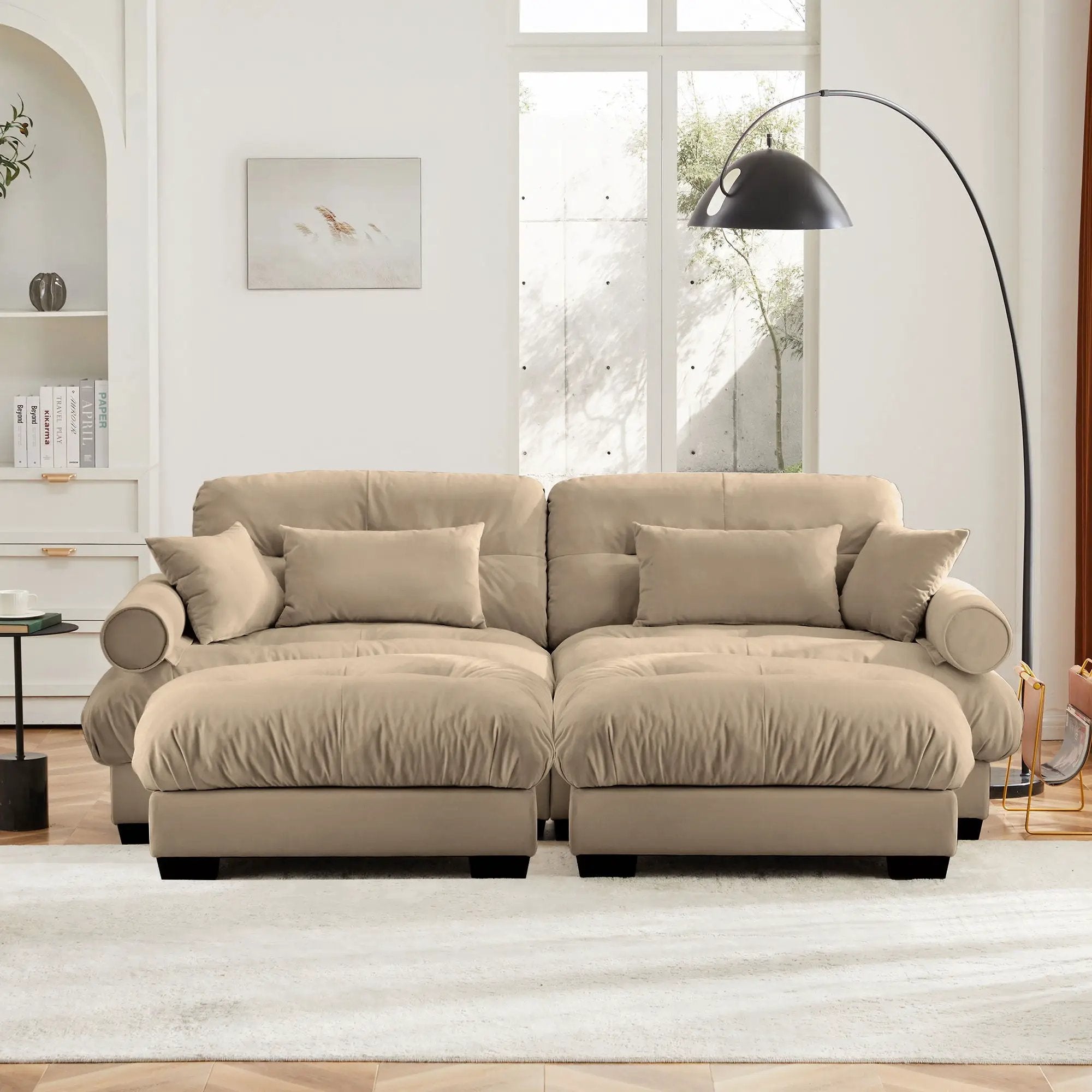 Modern Sectional Sofa With Ottoman, Round Bolster Armrests, Waist And Throw Pillows by Unique Piece Furniture