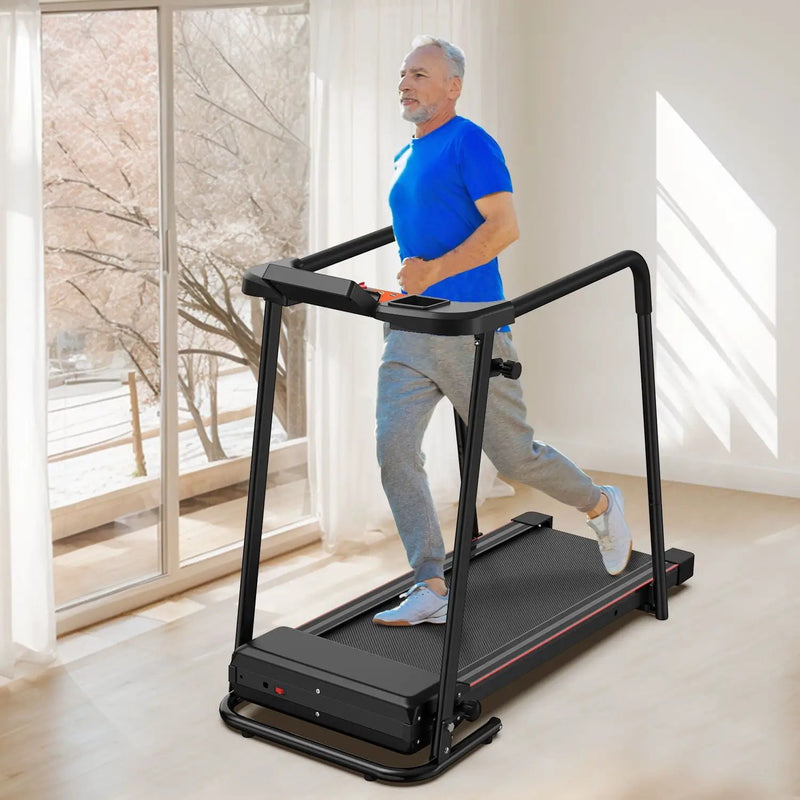 Home Fitness Treadmill With Extended Handrails, Portable Foldable Design - Black / Orange by HouseOfZazla