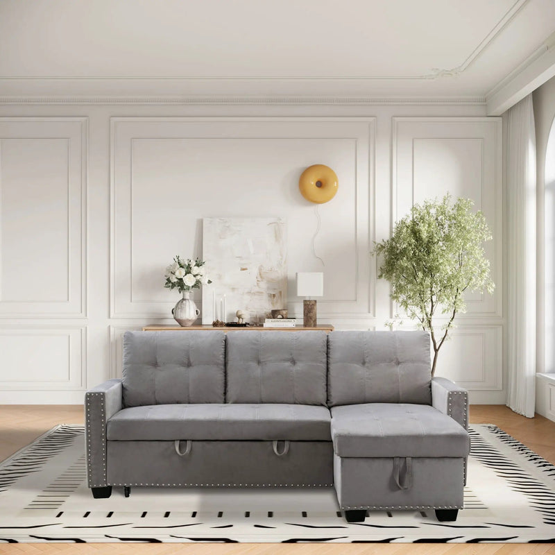 Reversible Sectional Storage Sleeper Sofa Bed, L-Shape 2 Seat Sectional Chaise With Storage, Skin-Feeling Fabric by HouseOfZazla