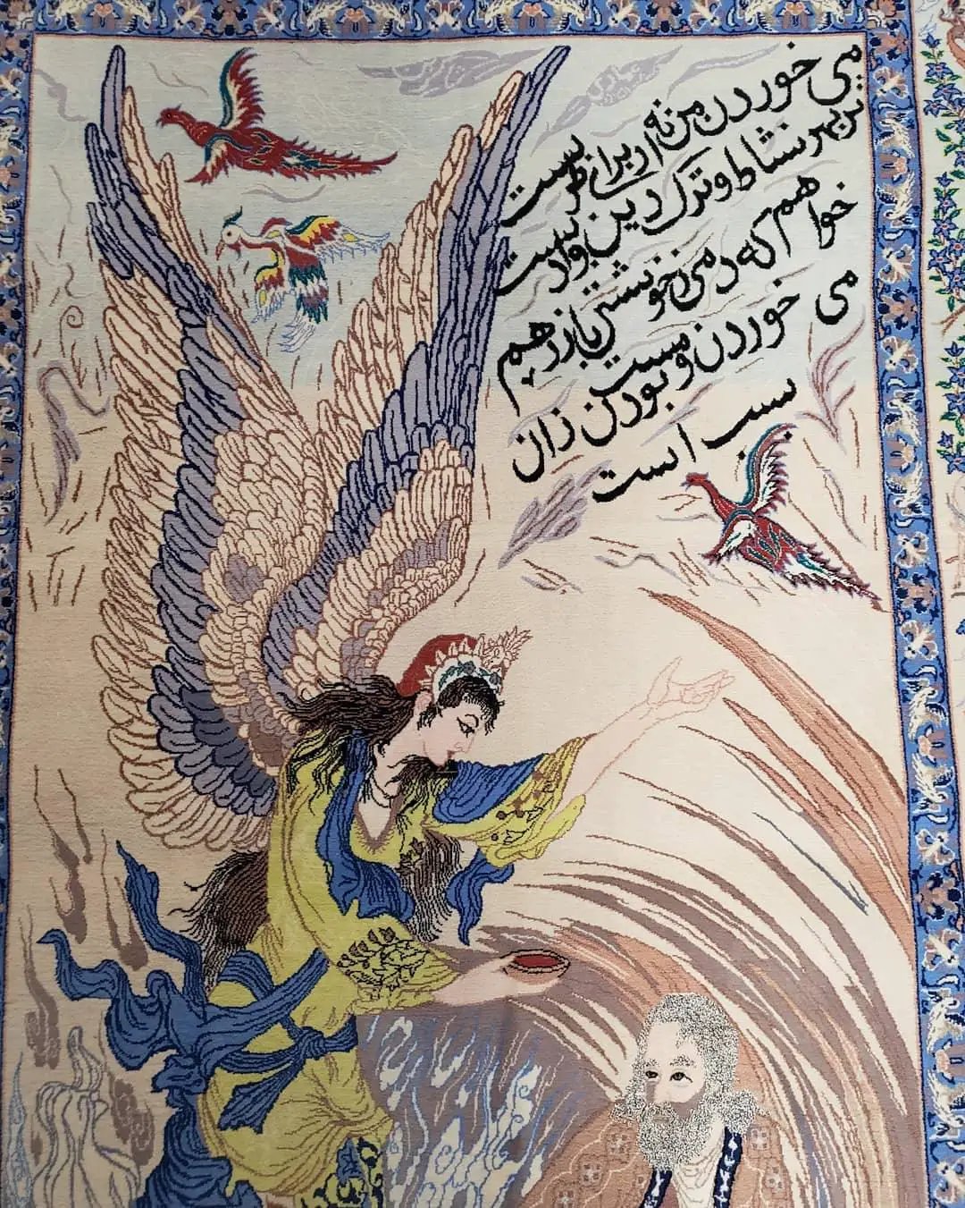 Semi Antique Persian Pictorial Rug 3'6" x 6", Angel Speaking to Prophet, Kork Wool on Silk Foundation, Detailed, Animals, Poetry, Wall Hanging Rug by Jewel Rugs