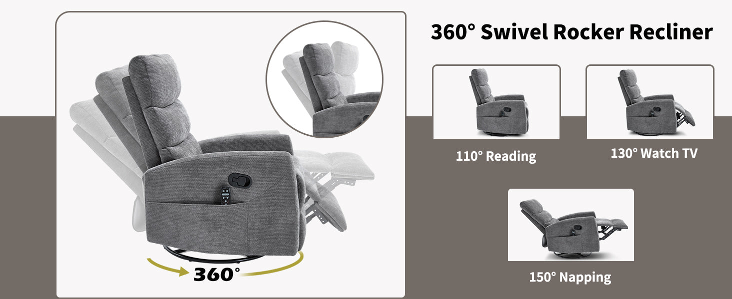 Heat Massage Manual Recliner Chair with Rocker and Swivel in Fabric by HouseOfZazla