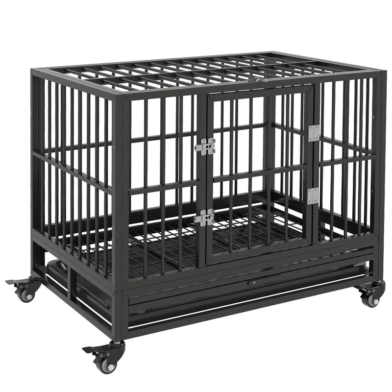 Pawhut - 36" Heavy Duty Dog Crate Metal Cage Kennel With Lockable Wheels, Double Door And Removable Tray - Gray by HouseOfZazla