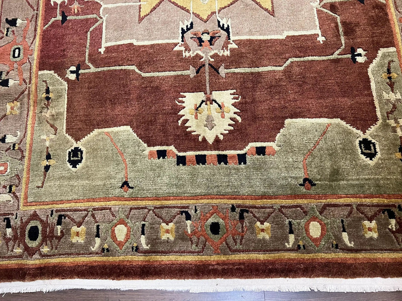 Tibetan Rug 7x10, Geometric Medallion, Red Green Taupe, Hand Knotted, Soft Wool Area Rug, Contemporary Carpet, Handmade Nepali Rug 7 x 10 ft by Jewel Rugs