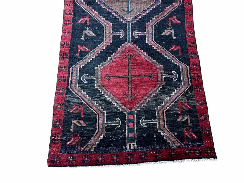 3 X 7 Handmade Wool Tribal Runner Rug Geometric Red Blue Boho Organic Dyes by Jewel Rugs