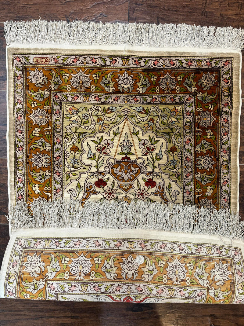 Silk Turkish Hereke Rug 2x3, Birds Lantern Very Fine 400 KPSI, Signed by Masterweaver, Wonderful, Rare, Small Hereke Rug by Jewel Rugs