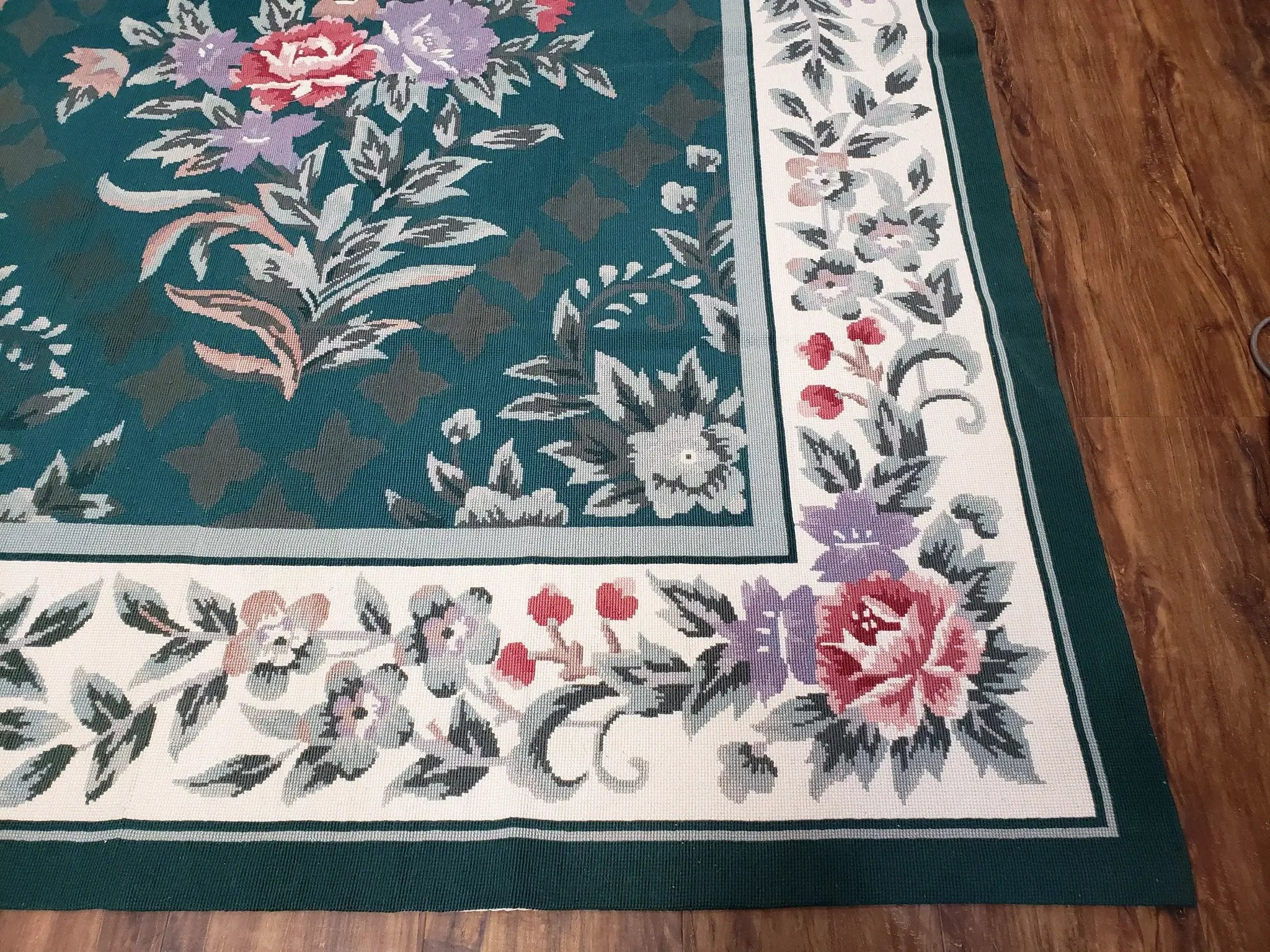 Chinese Needlepoint Rug 8x10, Vintage Green Area Rug, Hand-Woven Flatweave Floral European Design Carpet Wool Handmade 8x 10 Living Room Rug by Jewel Rugs