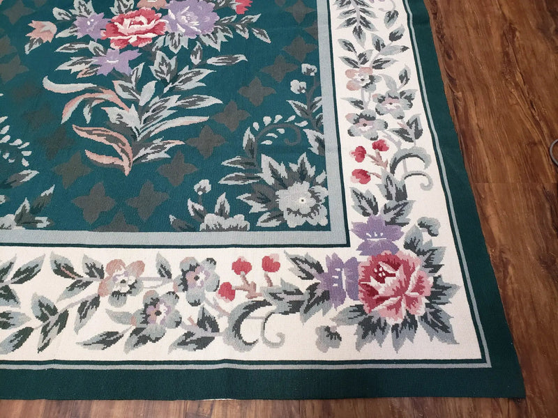 Chinese Needlepoint Rug 8x10, Vintage Green Area Rug, Hand-Woven Flatweave Floral European Design Carpet Wool Handmade 8x 10 Living Room Rug by Jewel Rugs