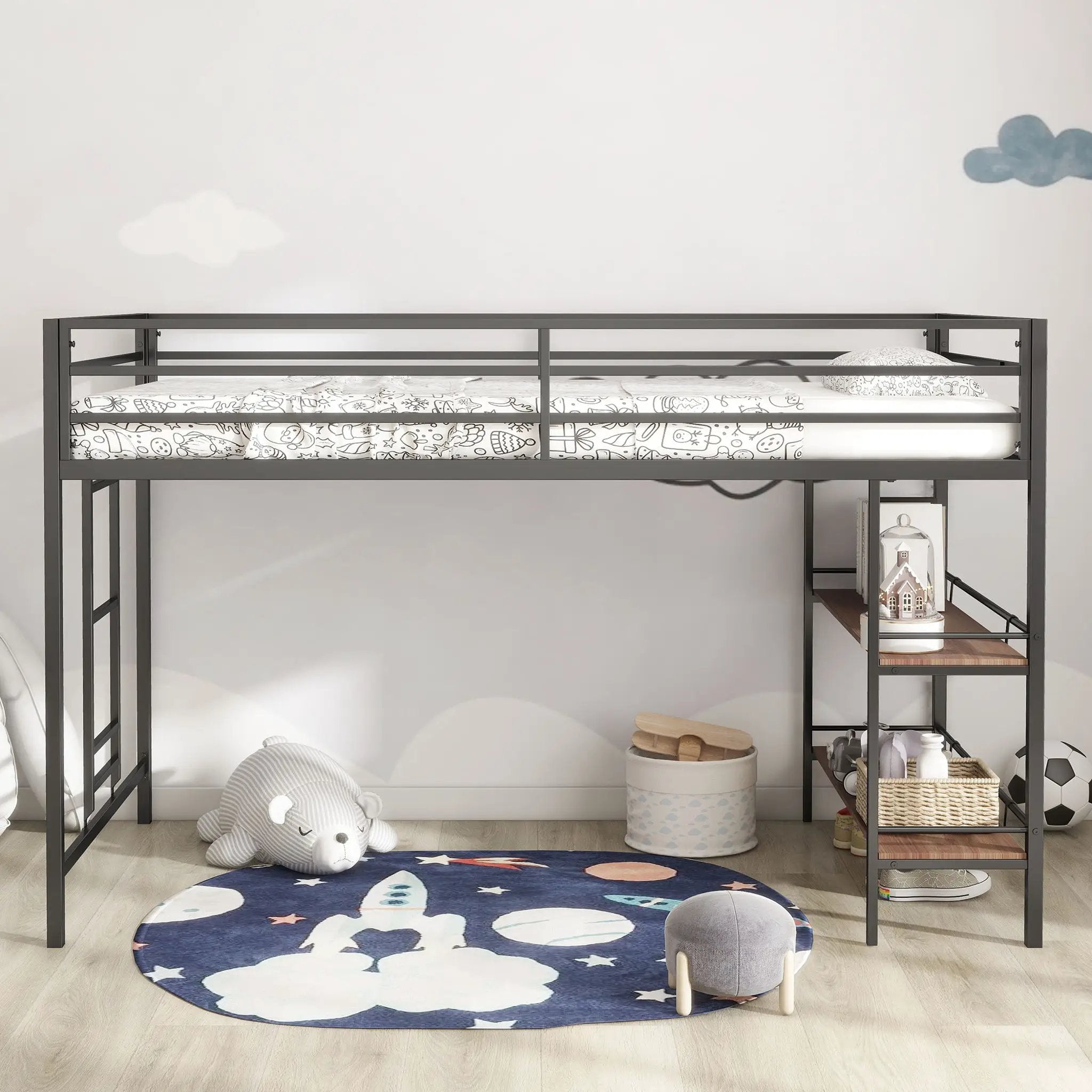 Adam - Twin Loft Bunk Bed With Cinnamon Wood Shelf - Black by Unique Piece Furniture
