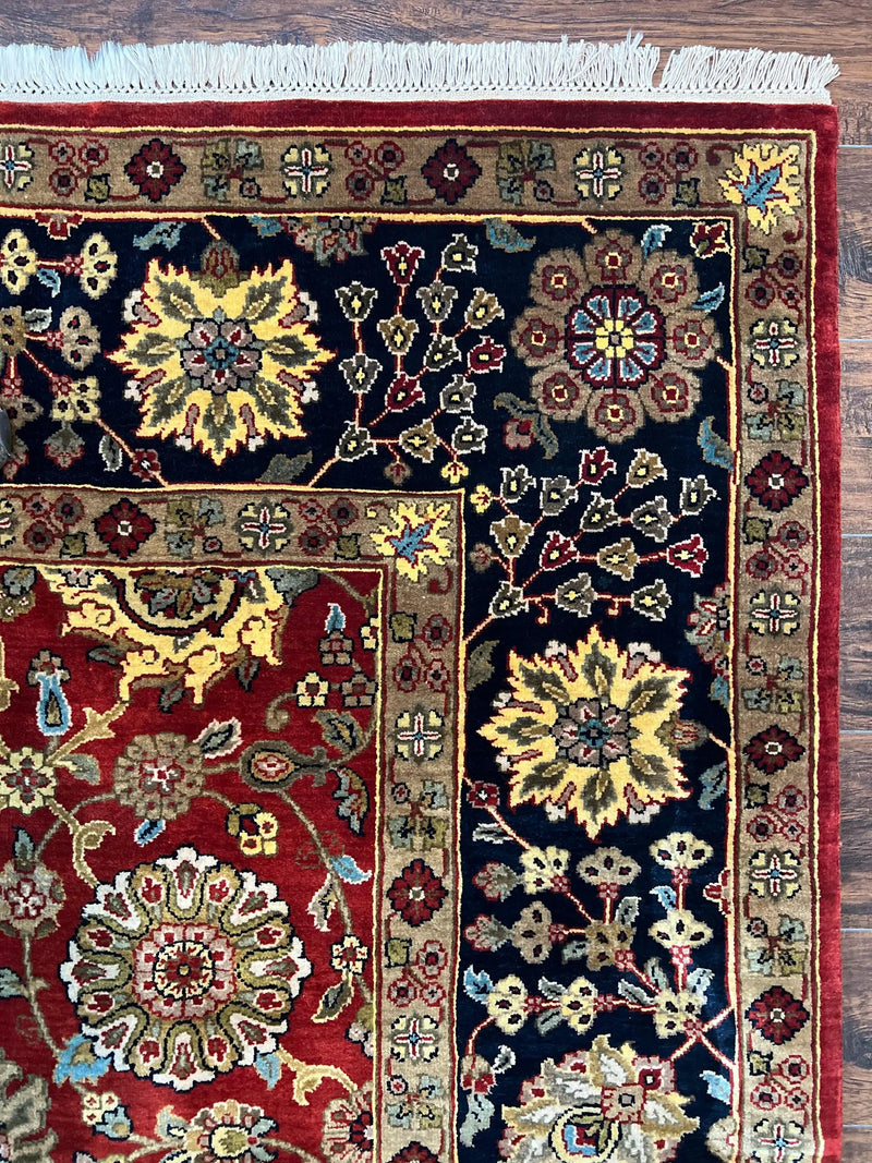 Indo Persian Rug 9x12, Hand Knotted Traditional Indian Wool Oriental Carpet 9 x 12 ft, Maroon and Navy Blue, Floral Allover 9x12 Vintage Rug by Jewel Rugs