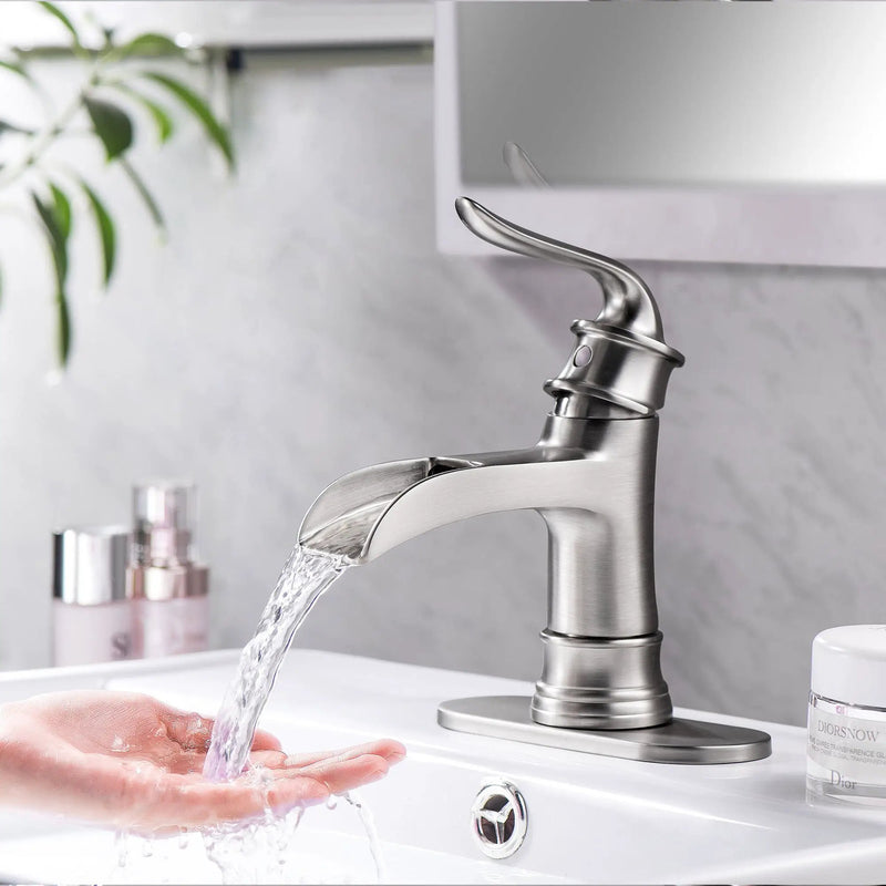 Waterfall Spout Bathroom Faucet With Single Handle And Pop Up Drain - Brushed Nickel by HouseOfZazla