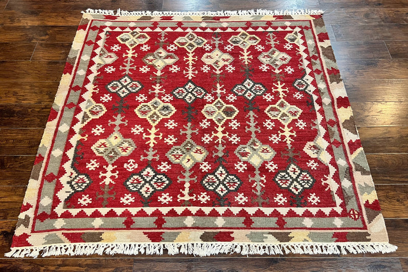 Indian Kilim Rug 6x6, Square Kilim Flatweave Carpet, Vintage Handmade Wool Rug, Red by Jewel Rugs