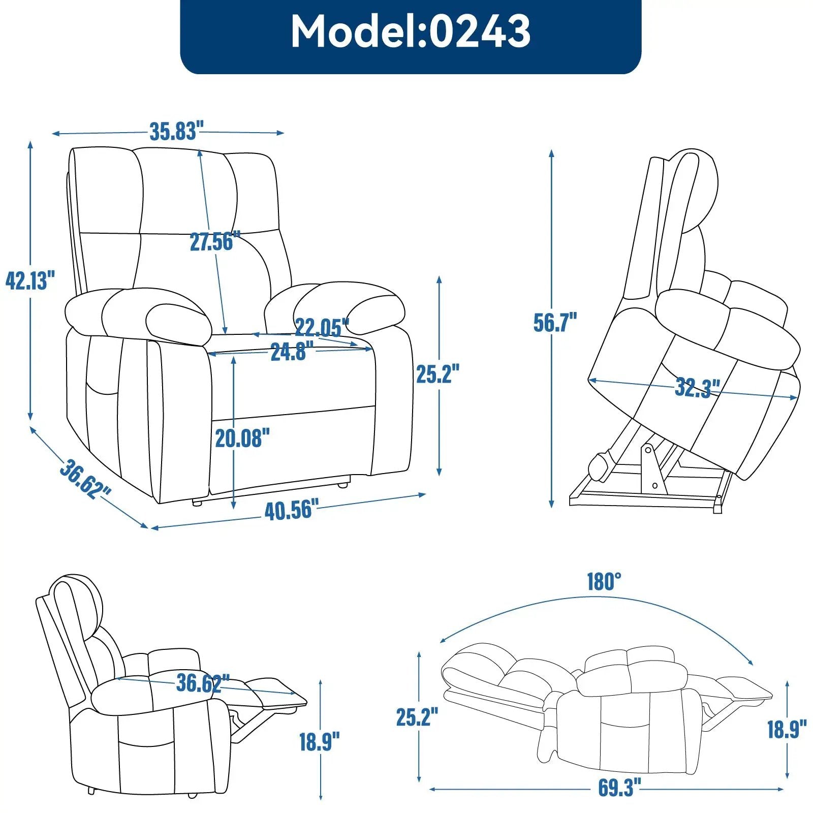 Blue Heat Massage Dual Motor Lift Recliner Chair by HouseOfZazla