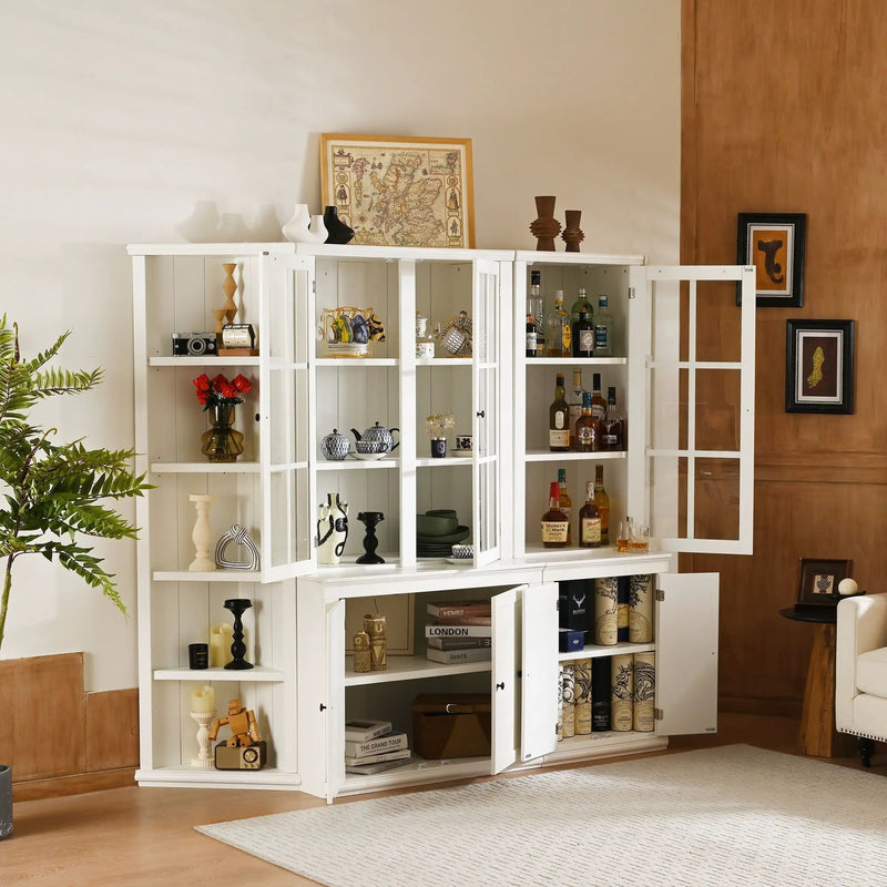 Retro Style Wall Suit With Glass Doors, 75.25" Tall Display Cabinets & Triangle Sided Bookshelves - White by HouseOfZazla