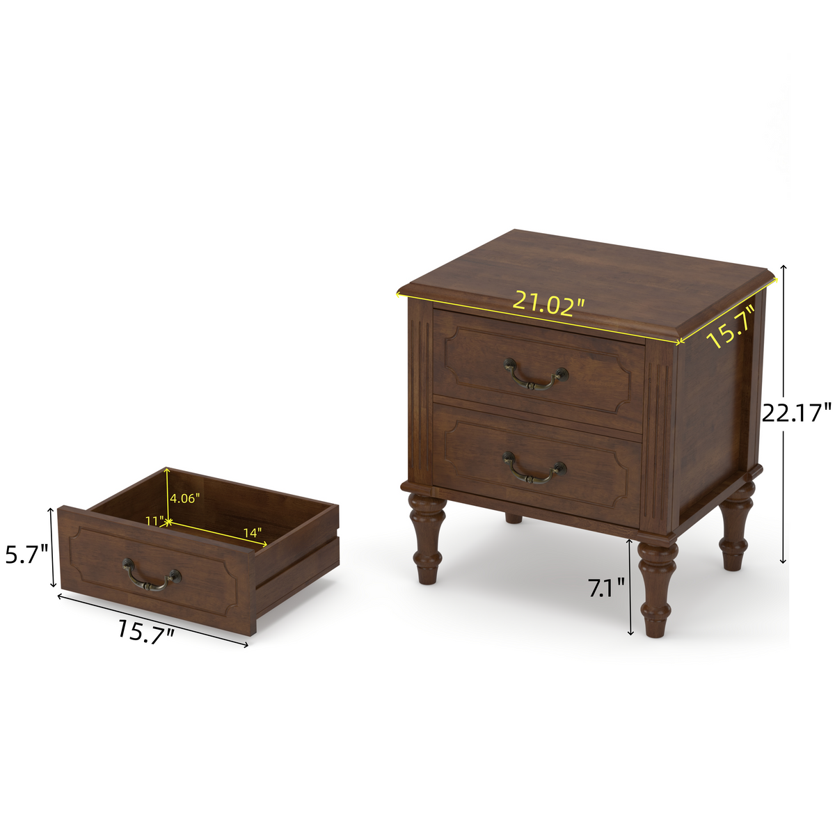 Farmhouse Nightstand with 2 Drawer, Solid Wood Bedside Table - Walnut, photo 4 of 10