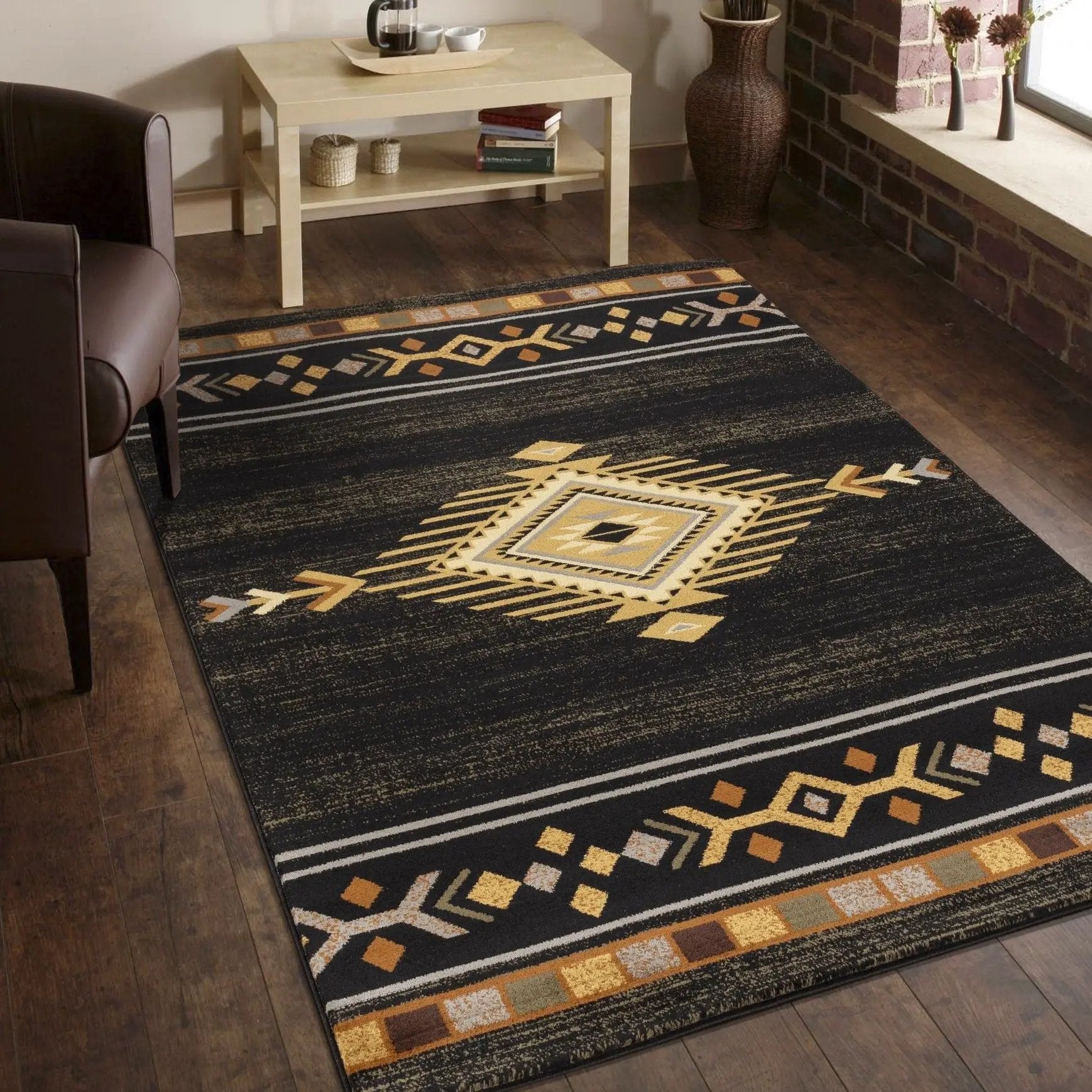 Tribes - 2'7" X 7'3" Southwest Area Rug Polypropylene - Black by Unique Piece Furniture