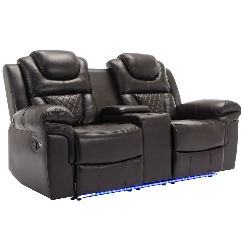 Home Theater Seating Manual Recliner Loveseat With Hide-Away Storage, Cup Holders And Led Light Strip For Living Room by HouseOfZazla