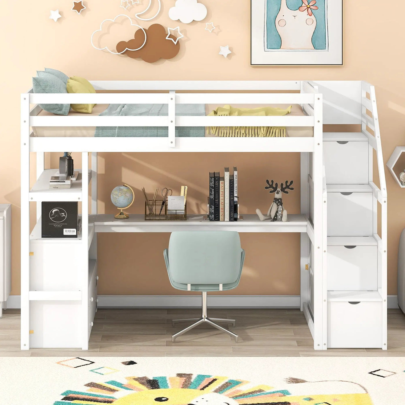 Loft Bed With Desk, Shelves, 2 Drawers, Storage Staircase by Unique Piece Furniture
