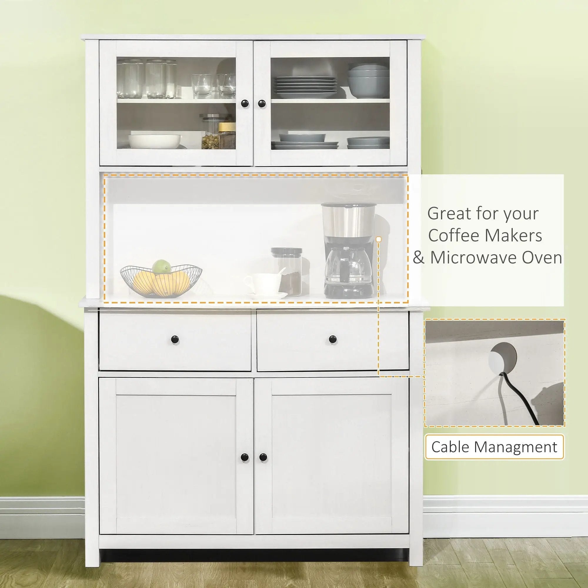 Homcom - 63.5" Kitchen Buffet With Hutch, Pantry Storage Cabinet With 4 Shelves, Drawers, Framed Glass Doors, Open Microwave Countertop - Antique White by Unique Piece Furniture