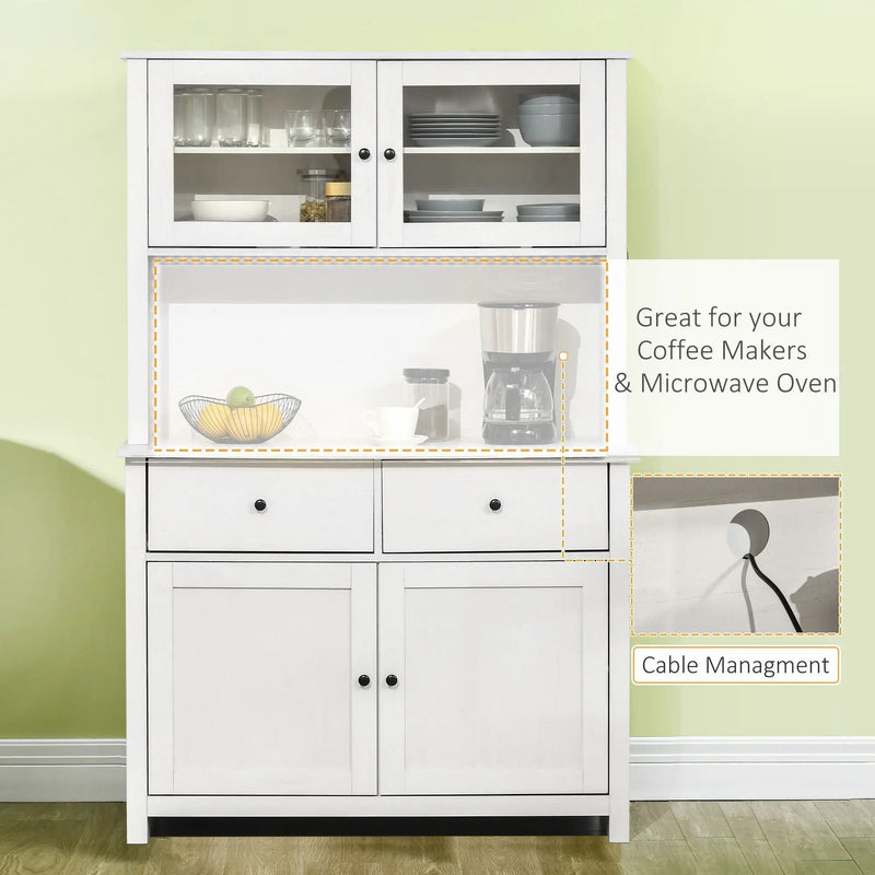 Homcom - 63.5" Kitchen Buffet With Hutch, Pantry Storage Cabinet With 4 Shelves, Drawers, Framed Glass Doors, Open Microwave Countertop - Antique White by Unique Piece Furniture
