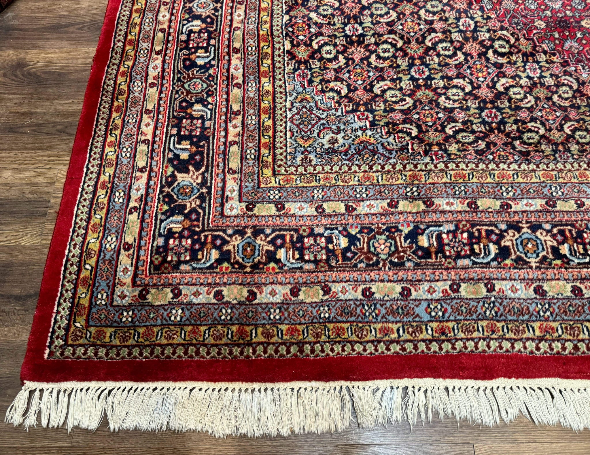Indo Persian Bidjar Rug 10x14, Red and Dark Blue, Herati Mahi Pattern, Vintage by Jewel Rugs