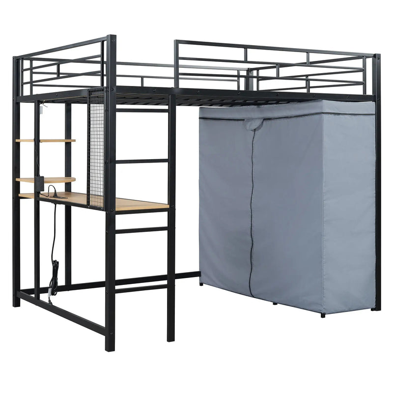 Loft Bed With Desk, Shelves, Power Outlet, LED Light And Wardrobe by HouseOfZazla