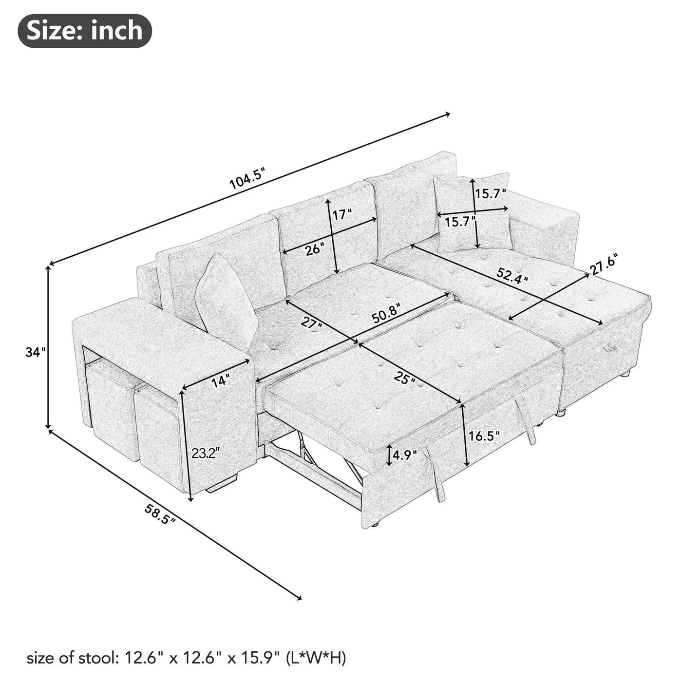 Modern L-Shape 3 Seat Reversible Sectional Couch, Pull Out Sleeper Sofa With Storage Chaise And 2 Stools For Living Room Furniture Set by HouseOfZazla